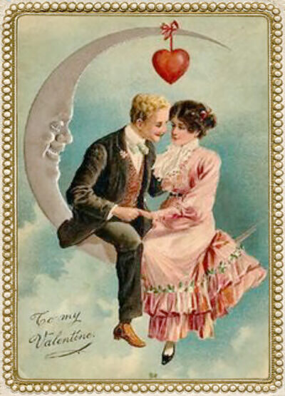Ett gammalt alla hjärtans dag kort med en man och kvinna sittandes på månen