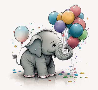 Elefant som håller fler färgglada ballonger för att fira en födelsedag.