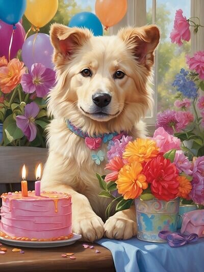 Födelsedagskort med en hund och tårta