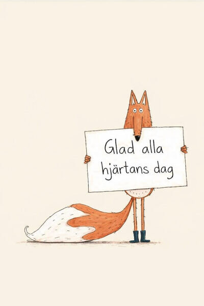 En tecknad räv som håller upp en skylt till alla hjärtans dag.