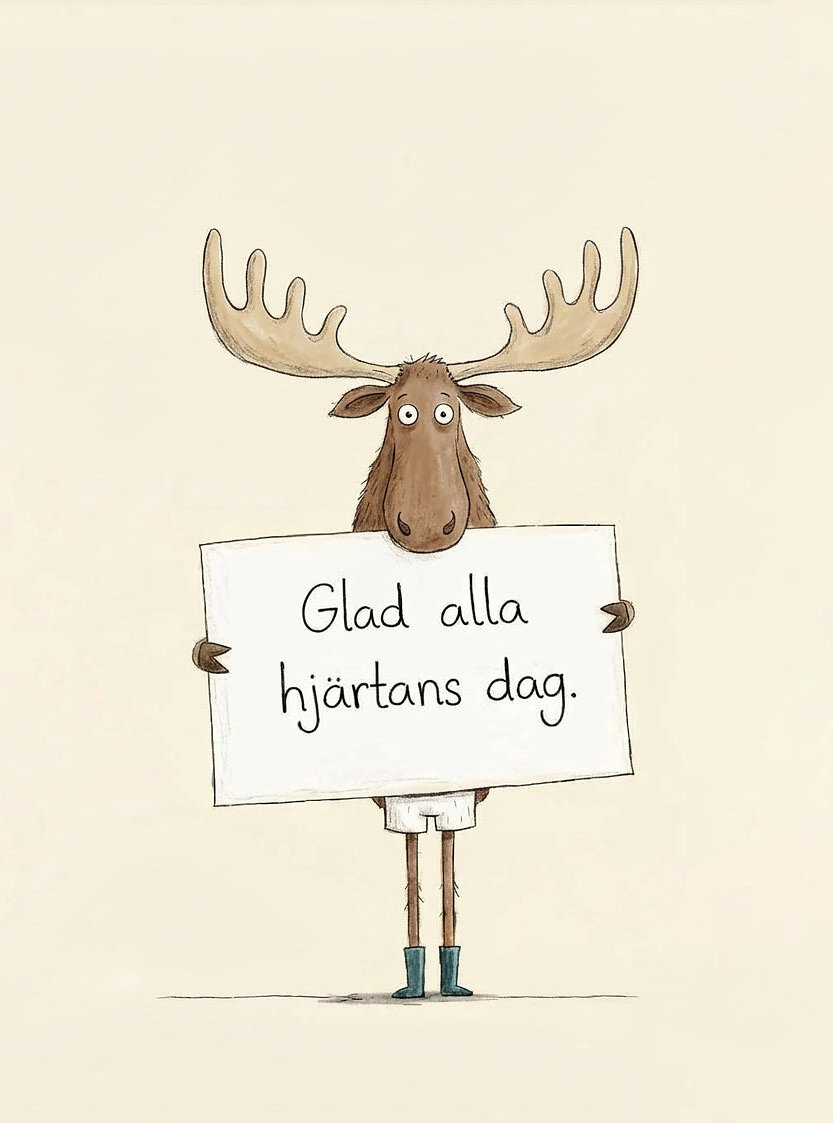 Älg som håller en skylt med hälsning på alla hjärtans dag