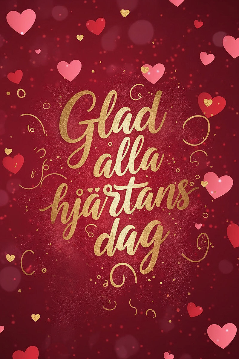 Ett festlig alla hjärtans dag kort med massor av hjärtan och hälsning