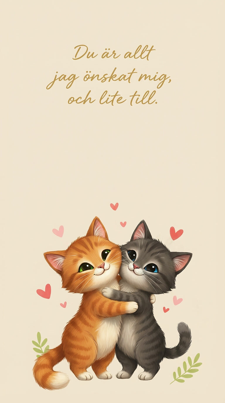 Två katter kram varandra i ett kärleksfullt kort